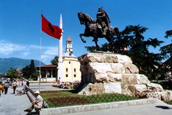 Statue of Sk�nderbeg, Tiran�, Albania.  Easy to reach by train!