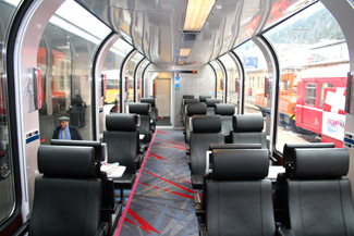 First class panoramic car on the Bernina Express from Chur & St Moritz to Tirano.
