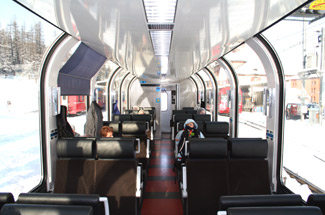 Second class panoramic car on the Bernina Express from Chur & St Moritz to Tirano.