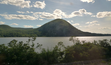 Storm King Mountain on the Hudson River valley, seen from the train from New York to Toronto or Montreal
