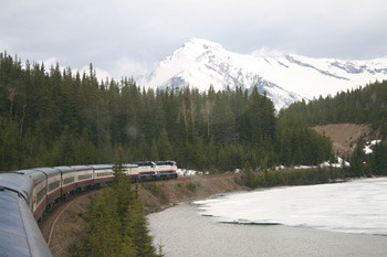 The Rocky Mountaineer alongside the Bow River