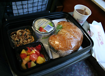 Red Leaf packed breakfast: Yoghurt, ham croissant, muesli, fruit