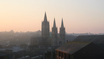 Truro Cathedral, seen from the Night Riviera sleeper train just arriving from London