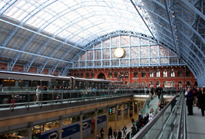 Inside St Pancras International:  Upper level concourse showing William Barlow's magnificent 1868 trainshed...