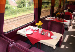 The restaurant car on a EuroCity train from Vienna to Budapest