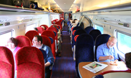 Inside a 'pendolino' train to London.