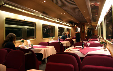 Time to go to bed!  The end of the 10pm sitting for dinner in the restaurant car of the Paris-Florence/Rome train.