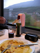 Lunch in the restaurant car en route to Italy by train