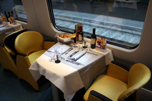 Restaurant car of a tilting 'Pendolino' train from Geneva to Milan.