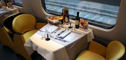 Restaurant car of a tilting 'Pendolino' train from Geneva to Milan.