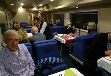 At dinner in the restaurant car of the Paris-Venice Thello sleeper train.