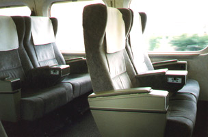Train travel in Japan:  Comfortable 'green car' seats on a Series 300 Shinkansen train