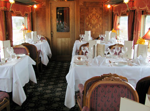The elegant dining-car on the Eastern & Oriental Express from Singapore to Bangkok