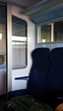 2nd class seating compartment on the train from  Tangier Med Port to Tangier Ville