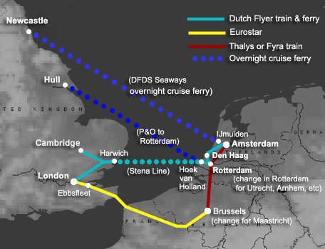 Route map showing train & ferry routes from London to Amsterdam