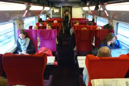 Second class seats on board a 'Thalys' high-speed train to Cologne