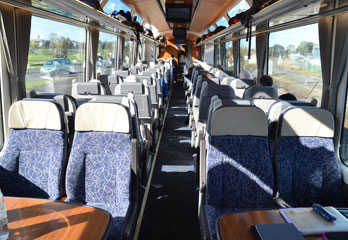 Wellington to Christchurch by train: seating on the Coastal Pacific train.