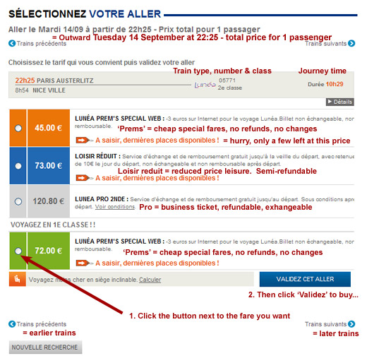www.voyages-sncf.com:  Results page with fares and schedules