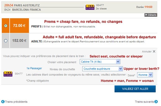 www.voyages-sncf.com:  Results page showing sleeper options