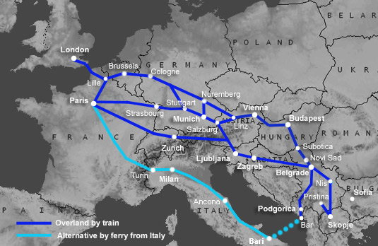 Route map:  London to Montenegro by train