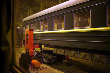Train 23 Ulan Bator to Beijing in the gauge-changing shed at Erlan