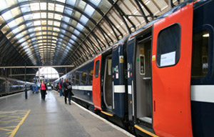 A train from London to Edinburgh about to leave Kings Cross station