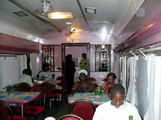 Restaurant car on the Tazara train from Tanzania to Zambia.