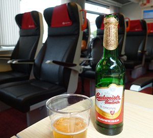Budweiser beer from the refreshment trolley on Berlin-Prague train