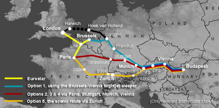 Route map:  London to Budapest by train