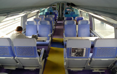 Upper deck 2nd class seats on a Paris to Barcelona train