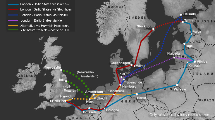 Route map:  London to the Baltic States by train & ferry